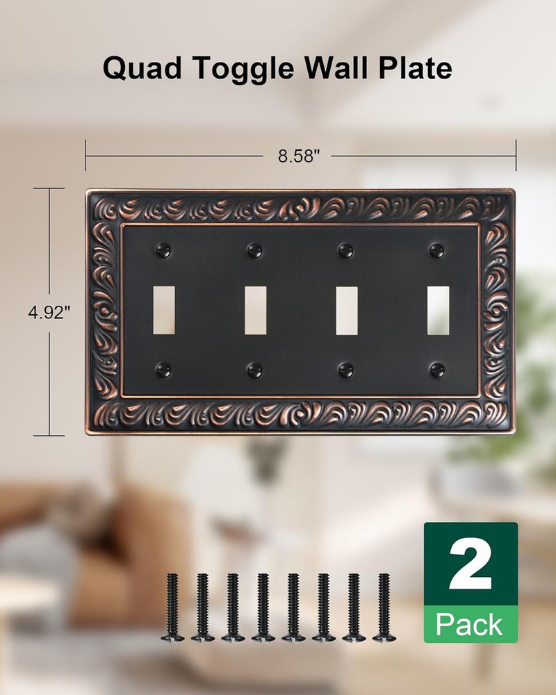 treewell 2-Pack Quad Toggle Light Switch Cover Plate, 4 Gang Metal Switch Plate Covers, Paisley Pattern Decorative Wall Plates, Corrosion Resistant, Aged Bronze - Image 2